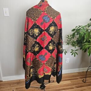 Equestrian print cashmere Silk Shawl Wrap Horse Carriage Pattern Cape w/raw hem